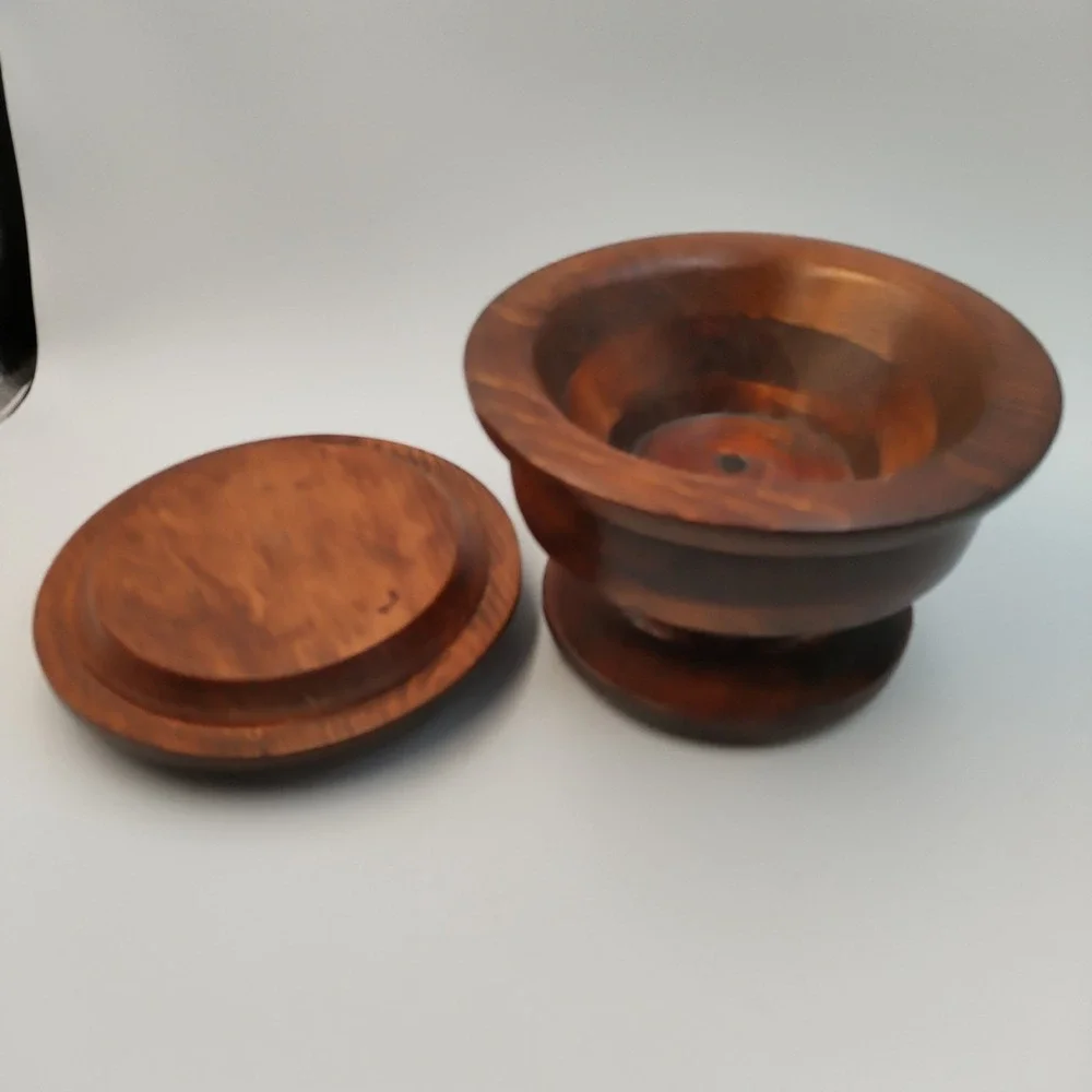 Vintage Hand Turned Wood Lidded Pedestal Bowl Artisan Signed 